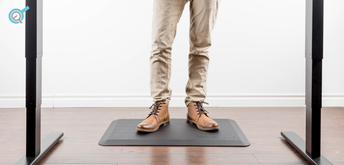 A man on a standing desk mat with oxford shoes
