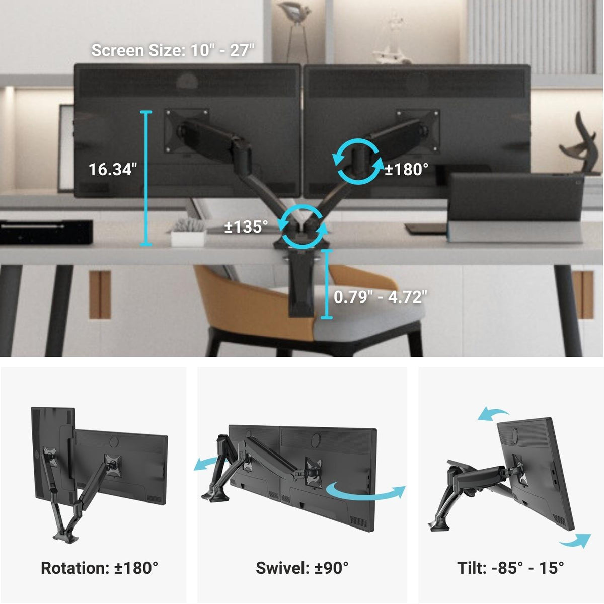 Professional Desk Spring Dual Gas Spring Monitor Arm for Two Screens Black – Progressive Desk ...