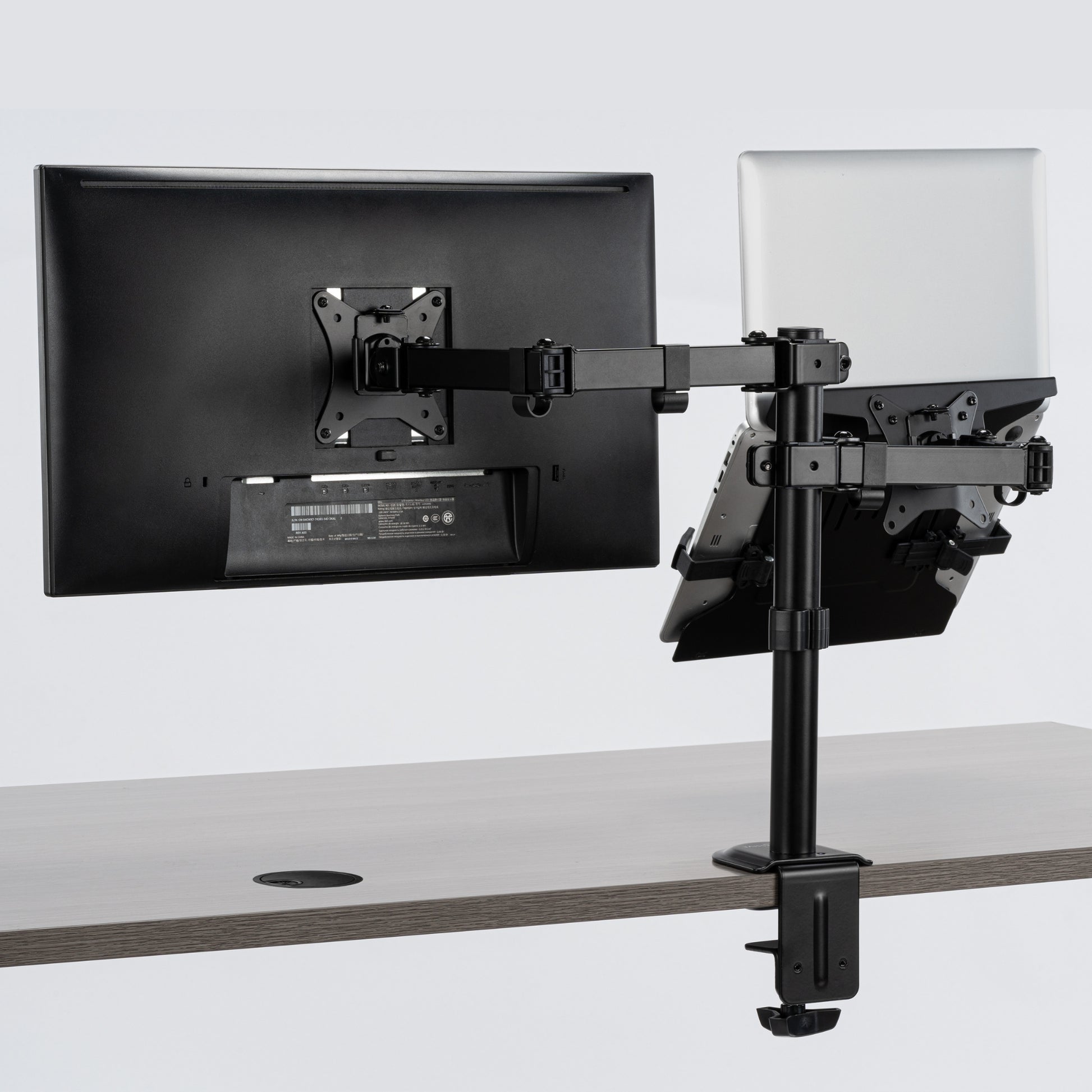 Dual Monitor Arm with a Removable Laptop Mount